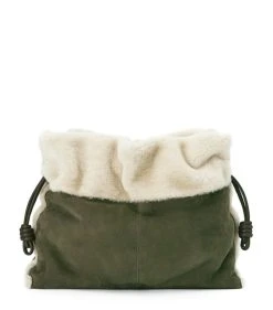 LOEWE Extra Large Shearling Flamenco Clutch Bag KHAKI GREEN Shoulder Bags
