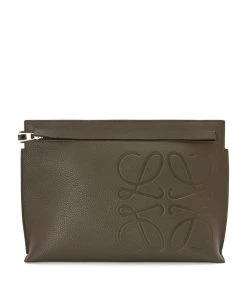 LOEWE Leather Embossed Anagram T Pouch DARK KHAKI GREEN Pouches