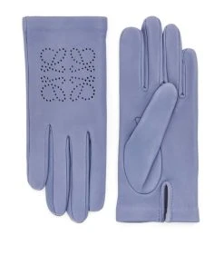 LOEWE Leather Perforated Anagram Gloves ATLANTIC BLUE