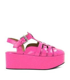 LOEWE Patent Leather Wedge Sandals 60 NEON PINK Wedges